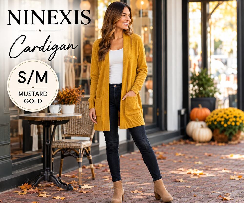 Ninexis Womens S/M Mustard Gold Longline Open Front Cardigan Sweater Pockets NWT